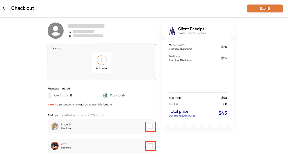 How to add tips to the artists at checkout 1