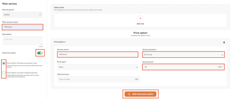 How to create main services & price options 3